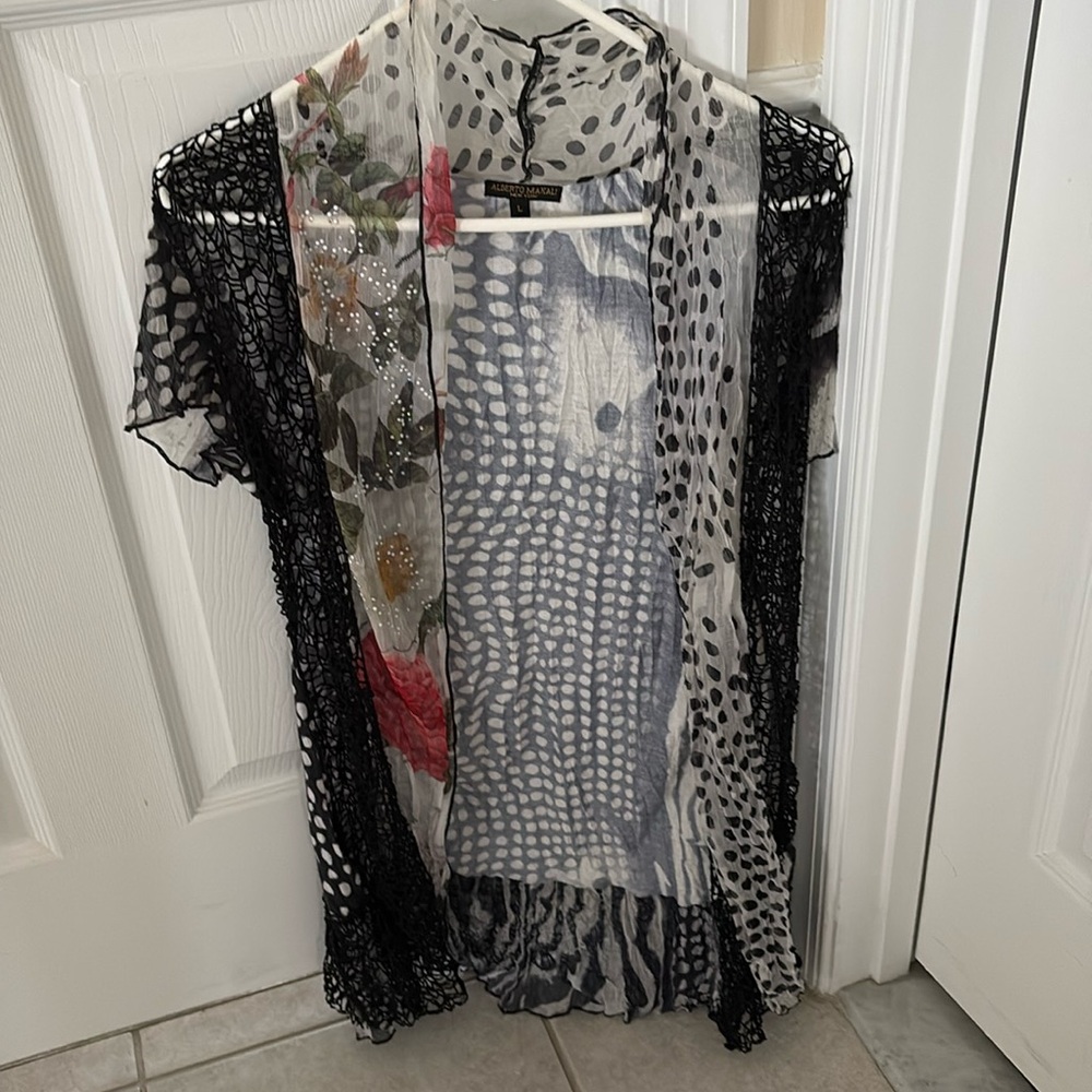 Alberto Makali Cardigan Women’sL sheer scarf like Print Open Front Vest Boho.NFS